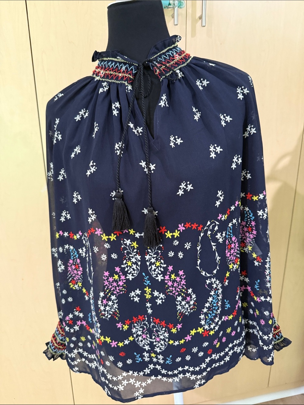Boho Navy Floral Smocked Neck Blouse